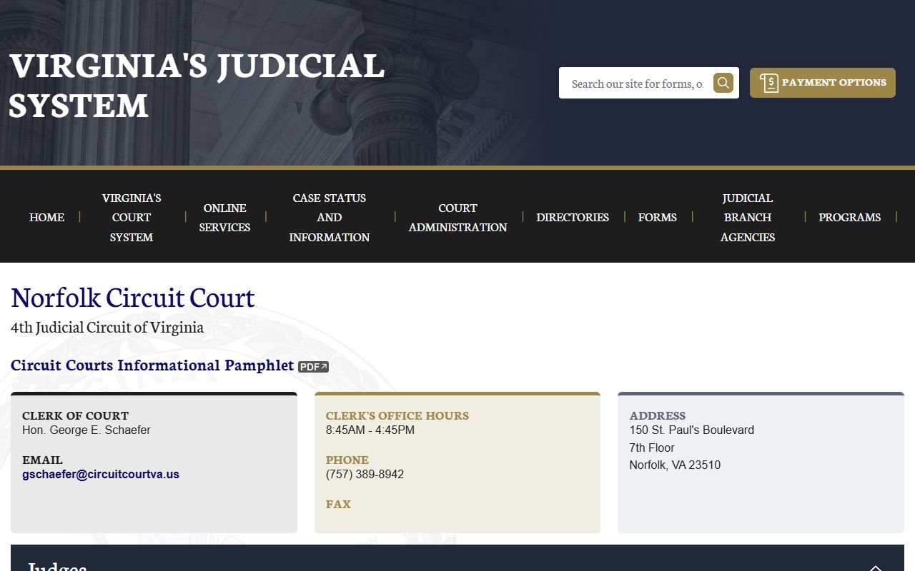 Norfolk City Circuit Court official website showing land records and clerk contact information