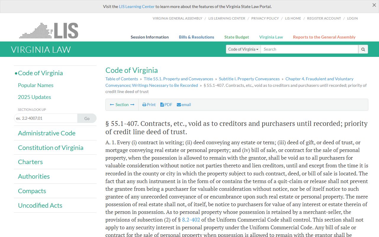 Virginia Code 55.1-407 priority of recorded deed instruments