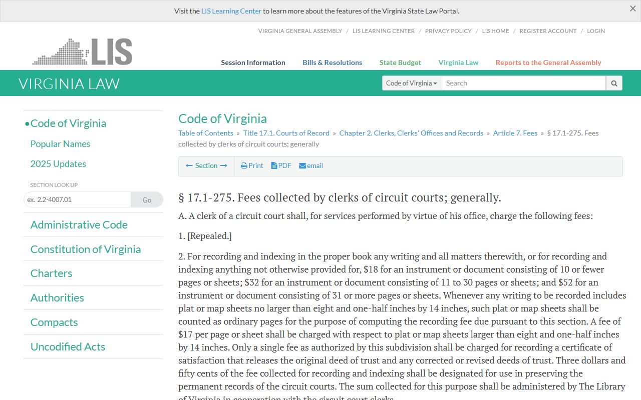 Virginia Code 17.1-275 recording fees for deed records