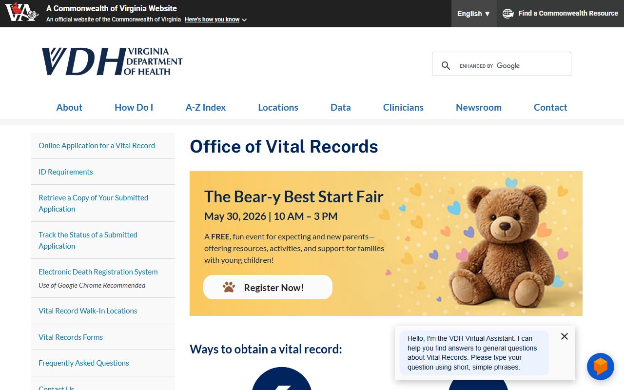Virginia Department of Health vital records related to deed research